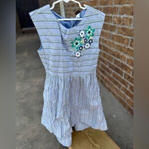 Tea Collection Blue and Green Striped Dress with Floral Detail